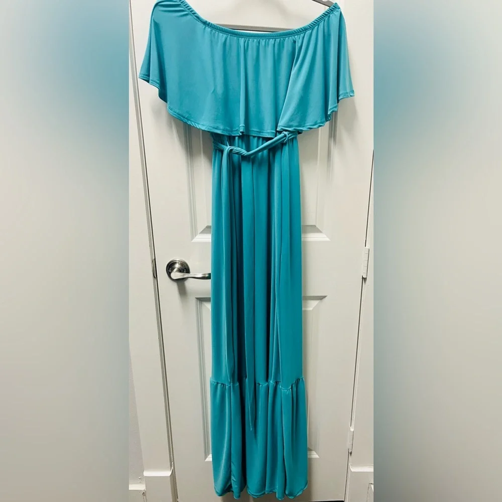 Teal off the shoulder maternity dress, medium - Picture 1 of 2